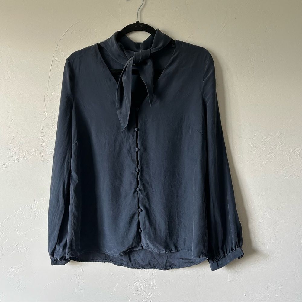 Frame Silk Open Scarf Button Down Blouse Navy Luxury Capsule Minimal Classic